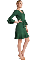 Tayte Dress - V-neck 3/4 sleeve dress with ruffle accents and self