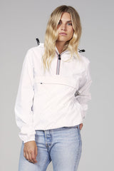 White quarter zip packable rain jacket and windbreaker