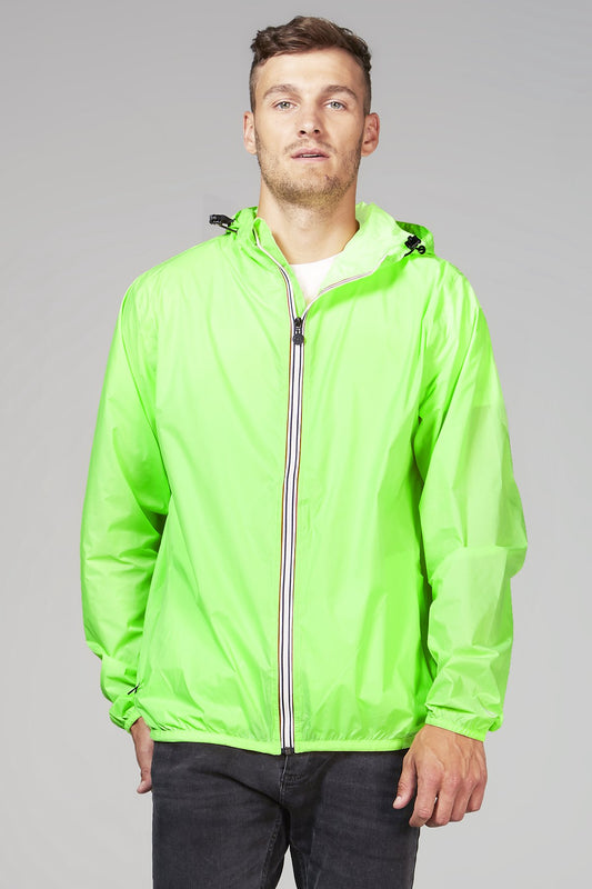 Green fluo full zip packable rain jacket and windbreaker