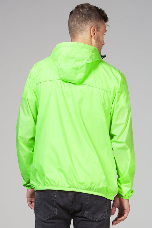 Green fluo full zip packable rain jacket and windbreaker