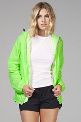 Green fluo full zip packable rain jacket and windbreaker