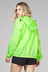 Green fluo full zip packable rain jacket and windbreaker