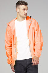 Women's orange fluo full zip packable rain jacket and windbreaker