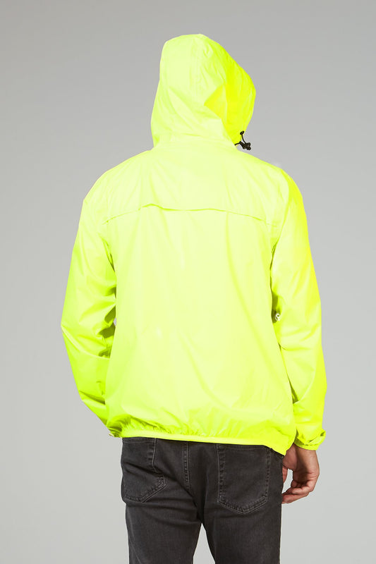 Yellow fluo full zip packable rain jacket and windbreaker