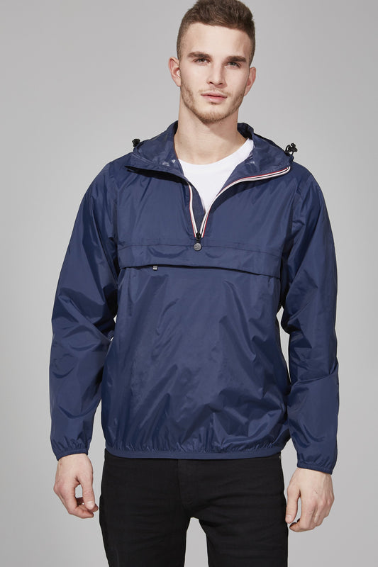 Men's navy quarter zip packable rain jacket and windbreaker