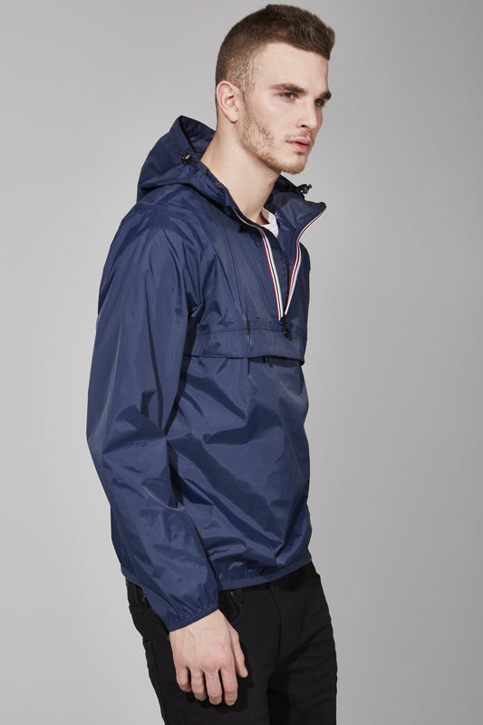 Men's navy quarter zip packable rain jacket and windbreaker