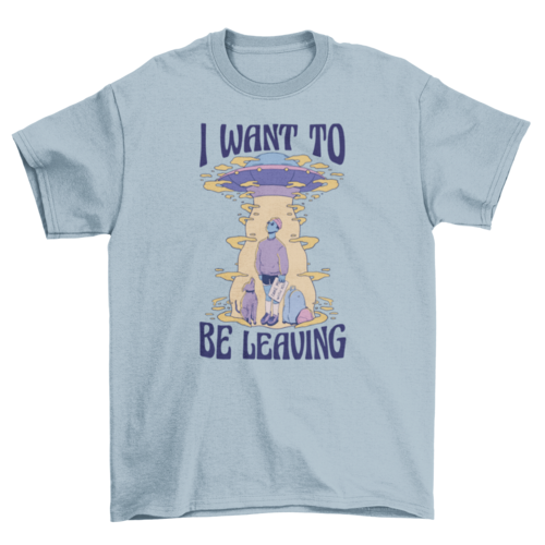 Man with dog and alien ship t-shirt