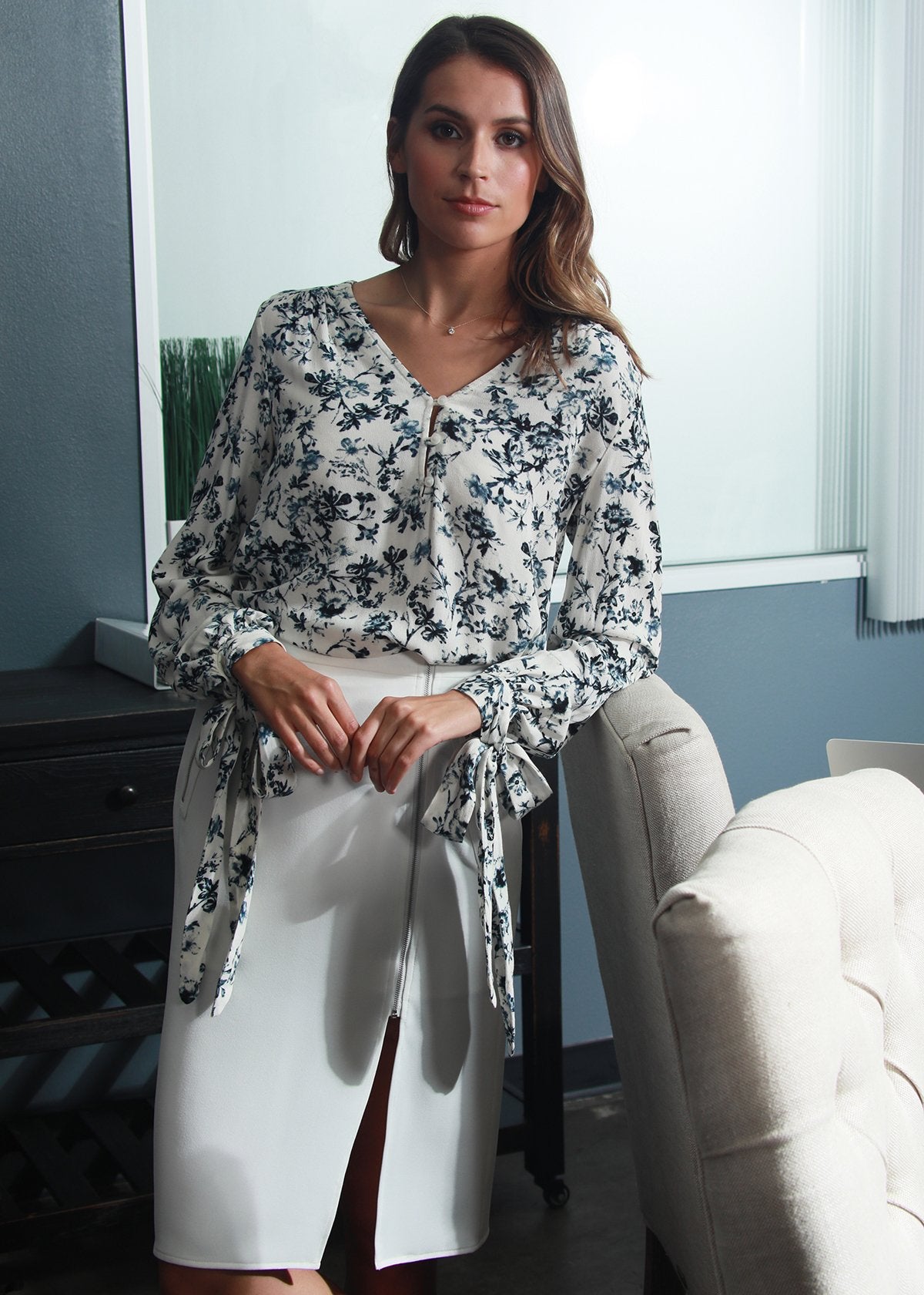 V-neck Tie Cuff Blouse In Ivory Floral Garden