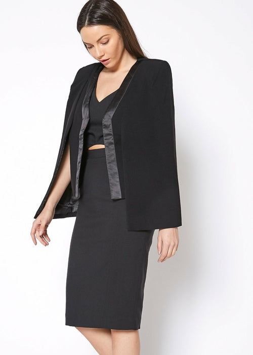 Women's Black Satin Trim Cape Blazer