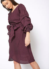 Organza Stripe Wrap Dress In Burgundy