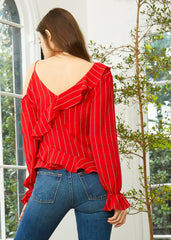 Women's Asymmetrical Shoulder Ruffle Blouse in Red