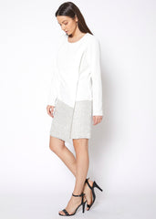 Tweed Hem Faux Wrap Dress In Ivory