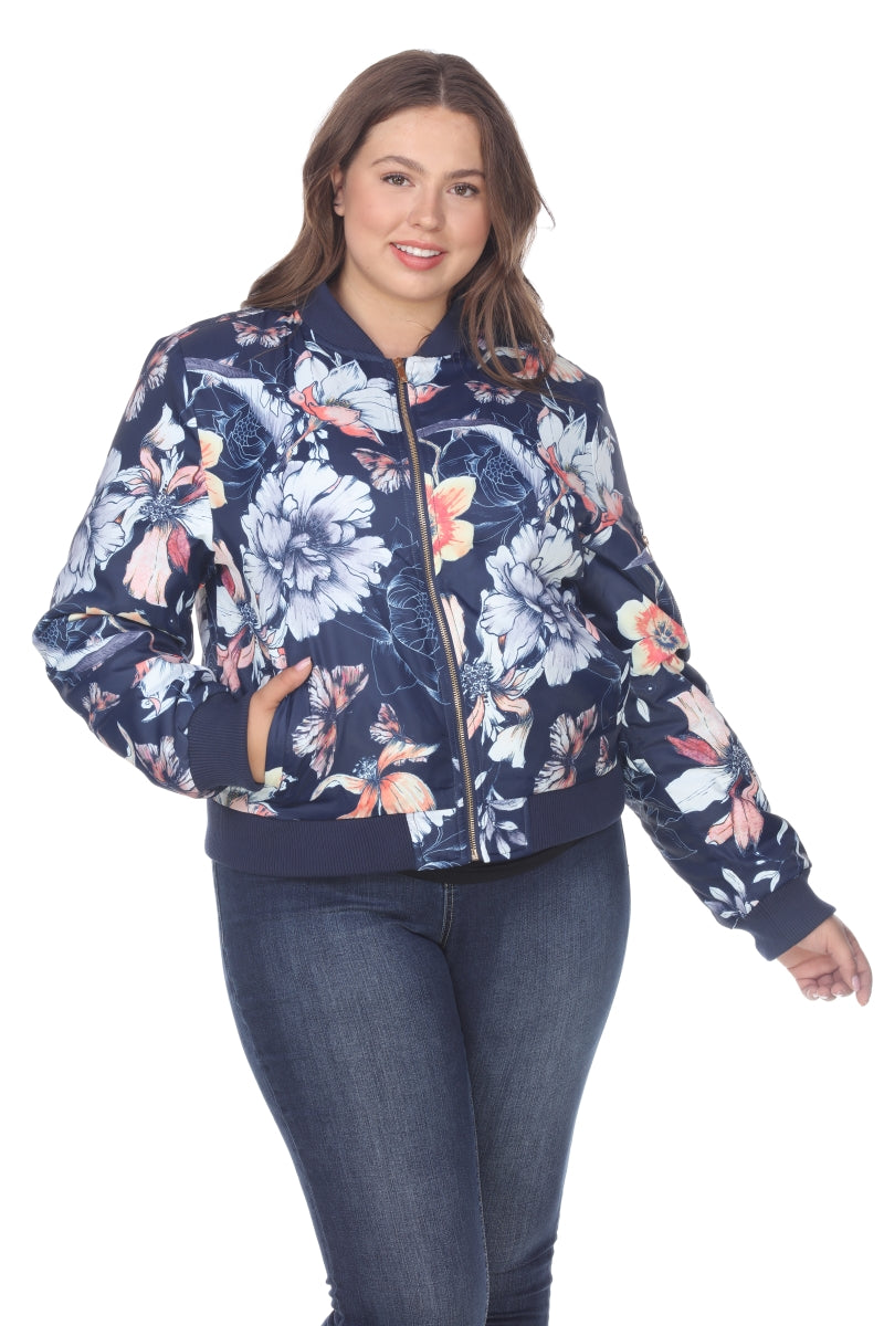 White Mark PSF893-23-3XL Womens Plus Size Floral Bomber Jacket, Na