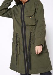 Women's Zip Up Long Utility Jacket In Olive