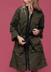 Women's Zip Up Long Utility Jacket In Olive