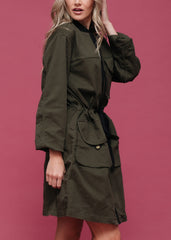 Women's Zip Up Long Utility Jacket In Olive