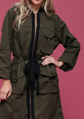 Women's Zip Up Long Utility Jacket In Olive