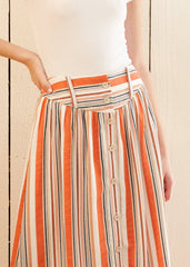 Women's Multi Stripe Button Front Midi Skirt in Rust Multi