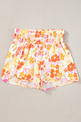 Orange Retro Floral Shirred High Waist Athletic Shorts