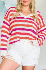 Pink Stripe V Neck Drop Shoulder Plus Size Sweater