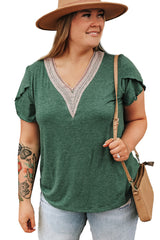 Blackish Green Plus Size Contrast V Neck Draped Sleeve Blouse