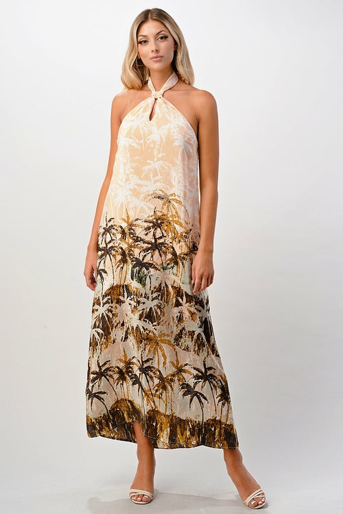 100% Silk Halter Maxi Dress With Palm Tree Printed