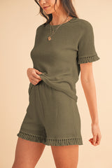 Laurel Green Fringe Trim Waffle Knit Textured Shorts Set