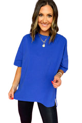 Dark Blue Solid Color Side Slit Tunic Top