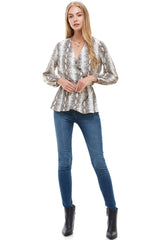 Snake V neck Button Front Peplum Long Sleeve Blouse Top