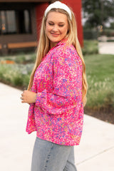 Purple Abstract Print Puff Sleeve V Neck Plus Size Blouse