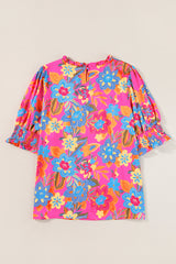 Rose Plus Size Floral Print Frill Neck Smocked Puff Sleeve Blouse