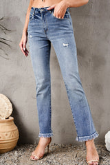 Blue Raw Hem High Waist Straight Leg Jeans