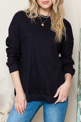 Black Crew Neck Ribbed Trim Knit Long Sleeve Top