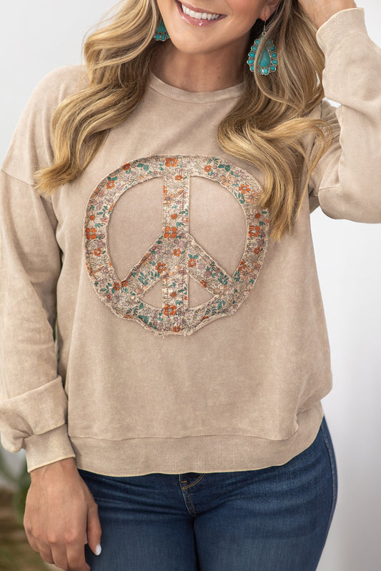 Pale Khaki Floral Peace Graphic Washed Plus Size Sweatshirt