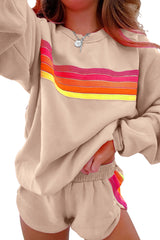 Black Colorful Striped Long Sleeve Pullover and Shorts Set