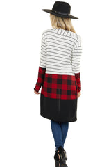 Fiery Red Plaid Colorblock Striped Cardigan