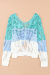 Green Color Block Twisted Back Hollow Out Knit Top