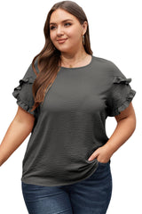 Bright Pink Ruffled Short Sleeve Plus Size Top