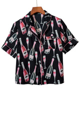 Black Champagne Print Silky Short Sleeve Pajamas Set