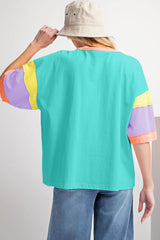 Light Blue Color Block Sleeve Round Neck Oversize Top