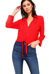 Solid Button Down Tie Front Blouse