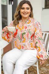 Orange Floral Abstract Print V Neck  Plus Size Blouse