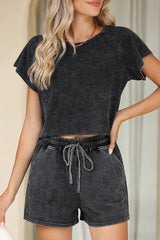 Black Acid Washed T Shirt & Drawstring Shorts Loungewear Set