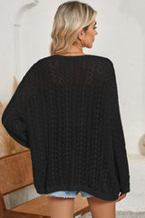 Black Hollow Out Crochet Knit Drop Shoulder Open Front Cardigan