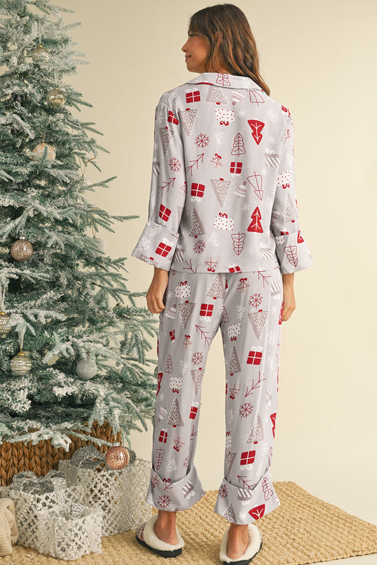 White Christmas Deer Printed Shirt and Pants Pajama Set