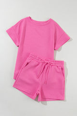 Strawberry Pink 2Pcs Solid Textured Drawstring Shorts Set