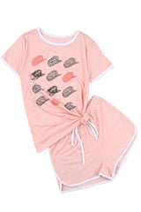 Pink Leopard Hat Print Short Sleeve T Shirt and Drawstring Shorts