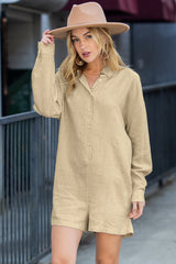 Beige Solid Color Half Buttoned Shirt Romper