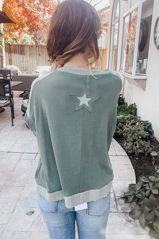 Mist Green Stars Patchwork Round Neck Plus Size Top