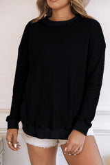 Black Crew Neck Ribbed Trim Knit Long Sleeve Top